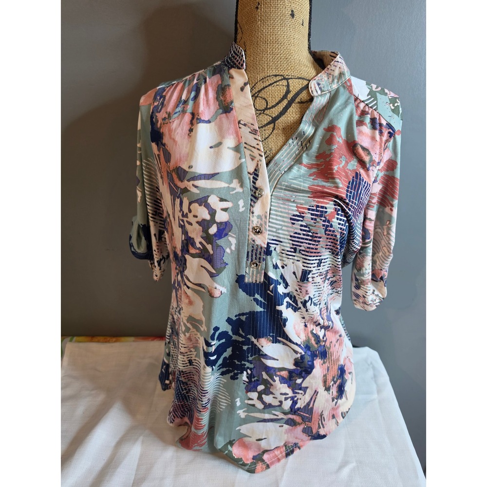 Perception Concept Floral Henley Blouse 3/4 Roll Tab Sleeve Sage Pink Large